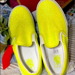 Neon yellow glitter slip on vans